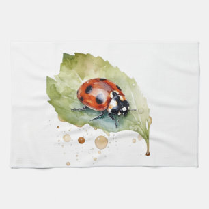 Glücklicher Marienkäfer auf einem Blatt Geschirrtuch