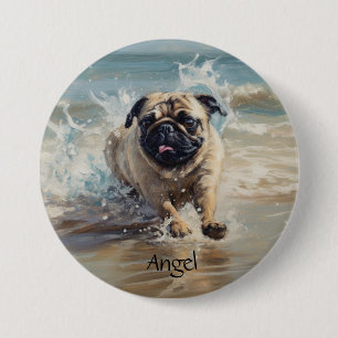 Glücklicher Mops am Strand individuell anpassbar Button