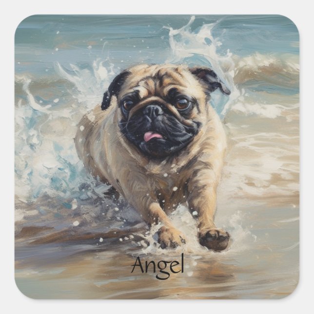 Glücklicher Mops am Strand individuell anpassbar Quadratischer Aufkleber (Vorderseite)