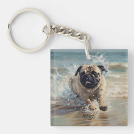 Glücklicher Mops am Strand individuell anpassbar Schlüsselanhänger