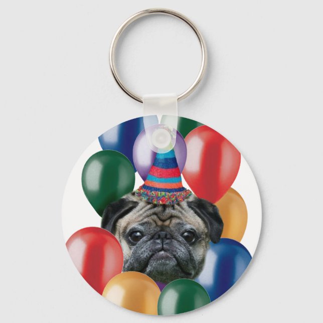 Glücklicher Mops zum Geburtstag Schlüsselanhänger (Vorderseite)