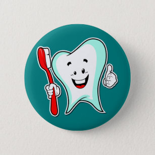Glücklicher niedlicher Cartoon-Zahn mit einer Button