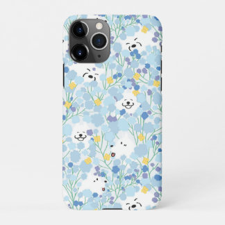 Glücklicher niedlicher, samotiger Hund im blühende iPhone 11Pro Hülle