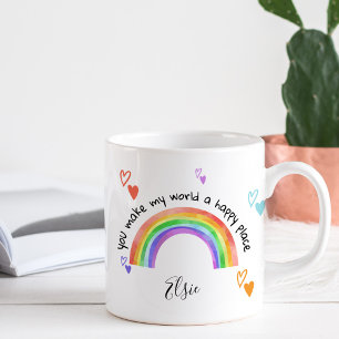 Glücklicher Ort Regenbogen und farbenfrohe Herzen Kaffeetasse