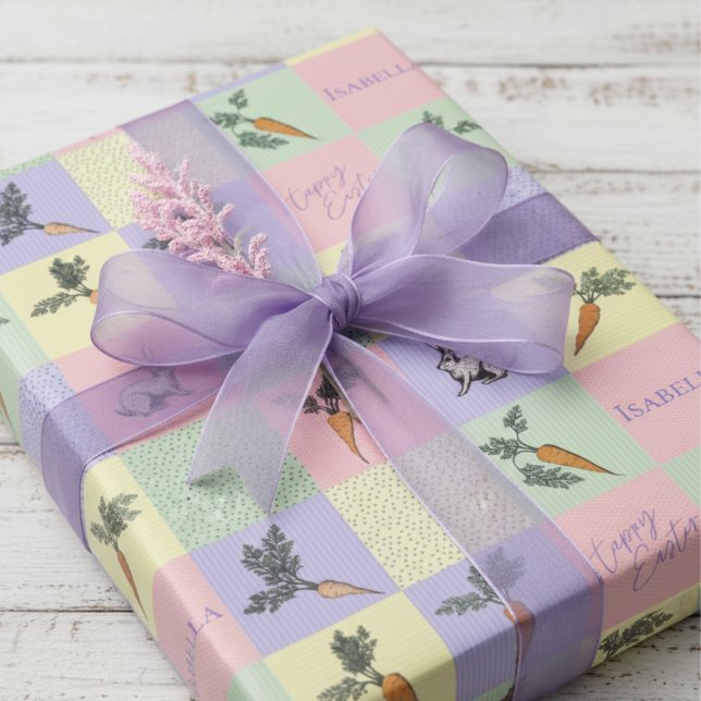 Glücklicher Osterhase & Karotten Quadrate Geschenkpapier (Happy Easter Wrapping Paper for Her. Colorful Pastel Purple Rabbit & Carrot Veggies Illustration)