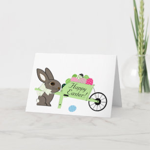 Glücklicher Osterhase mit Schubkarre voller Eier G Karte