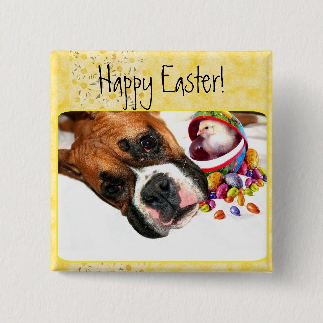 Glücklicher Ostern-Boxerwelpe und Kükenknopf Button (Vorderseite)