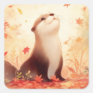 Glücklicher Otter, der zu fallenden Ahornblättern Quadratischer Aufkleber