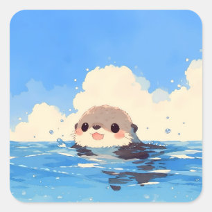 Glücklicher Otter schwimmt im funkelnden Wasser Quadratischer Aufkleber