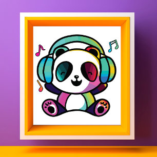 Glücklicher Panda mit Kopfhörern beim Musikhören. Fotodruck