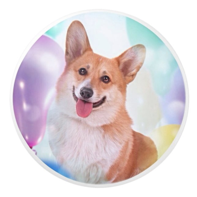 Glücklicher Pembroke-WaliserCorgi mit Ballonen Keramikknauf (Vorderseite)