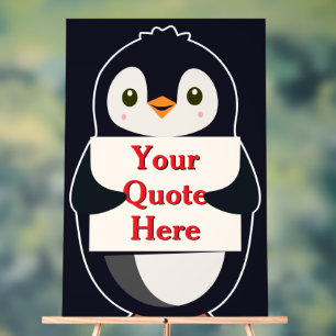 Glücklicher Pinguin, der ein Schild hält, um es zu