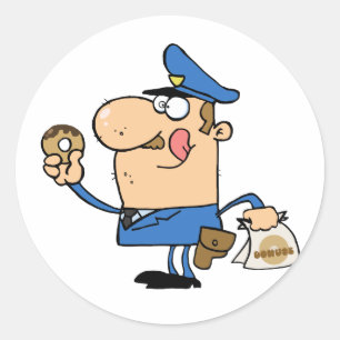 Glücklicher Polizeibeamte, der Krapfen isst Runder Aufkleber