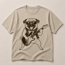 Glücklicher Rockstar-Mops-Hund spielt elektrische T-Shirt