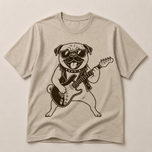 Glücklicher Rockstar-Mops-Hund spielt elektrische  T-Shirt