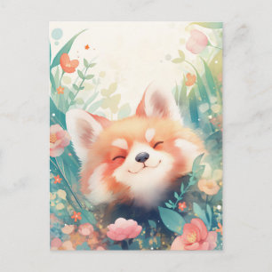 Glücklicher Rote Panda in farbenfroher Gartenwiese Postkarte