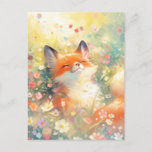 Glücklicher Rotfuchs auf sonniger Wildblumenwiese Postkarte