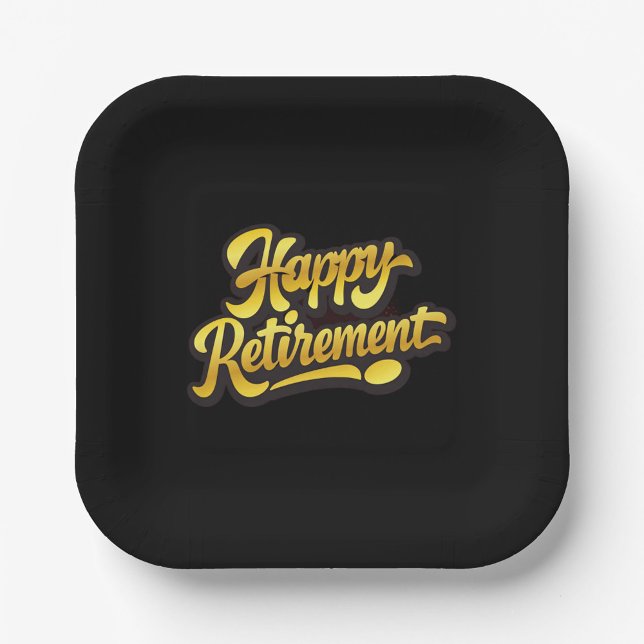 Glücklicher Ruhestand Papierplatte Pappteller (Black square plate with rounded edges, featuring elegant gold "Happy Retirement"!)