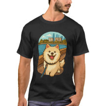 Glücklicher Samoyed-Spaziergang am Stadt-Wasserufe