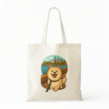 Glücklicher Samoyed-Spaziergang am Stadt-Wasserufe