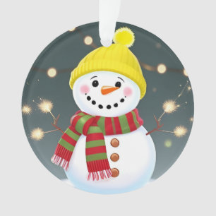 Glücklicher Schneemann mit Wunderkerzen und Weihna Ornament