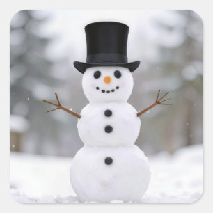 Glücklicher Schneemann mit Zylinder Quadratischer Aufkleber
