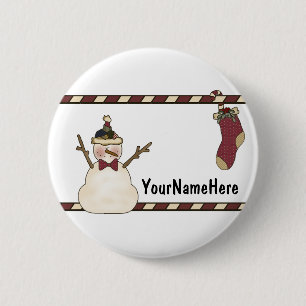 Glücklicher Schneemann und Weihnachtsstrumpf Button