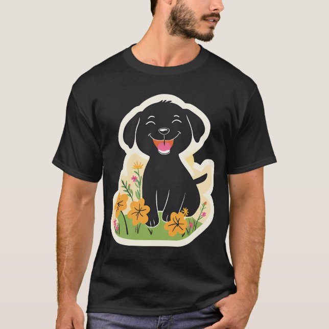 Glücklicher schwarzer Welpe in Wildblumen T-Shirt (Vorderseite)