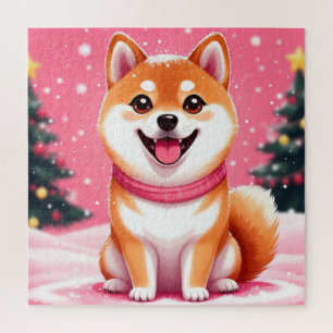 Glücklicher Shiba Inu Welpe bei Weihnachtsbäumen