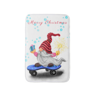 Glücklicher Skater-Gnom mit Geschenk-Weihnachtsbad Badematte