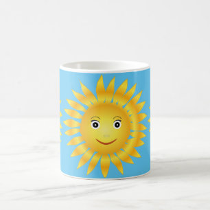 glücklicher Sonne-Glanz. Blauer Hintergrund Kaffeetasse