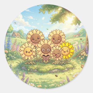 Glücklicher Sonnenblumen-Gartenfreunde-Aufkleber Runder Aufkleber