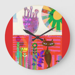 Glücklicher Sonnenschein-Katzen-Blumen-Garten Große Wanduhr