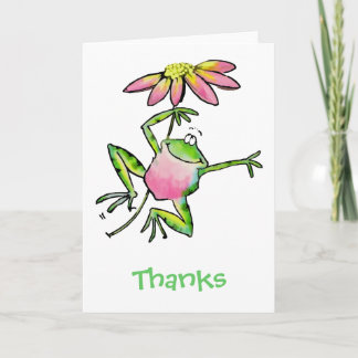 Glücklicher Springenfrosch mit rosa Gänseblümchen Dankeskarte