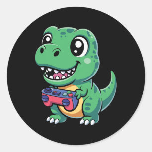 Glücklicher T-Rex mit Spielcontroller Süßer Gamer Runder Aufkleber