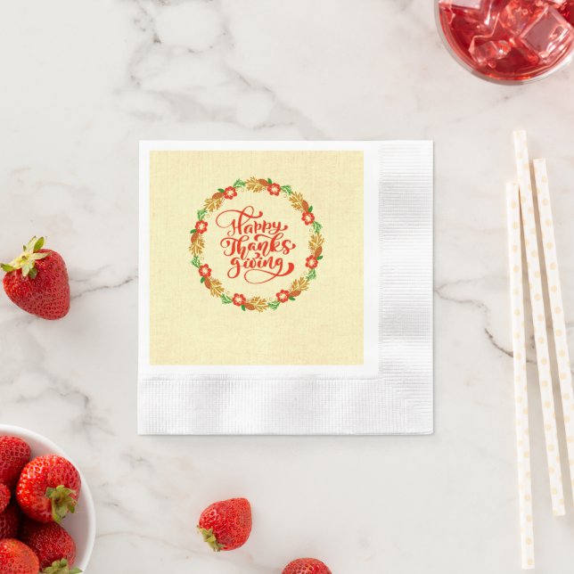 Glücklicher Tanksgiving Red Gold Wreath Cocktail Serviette (Beispiel)