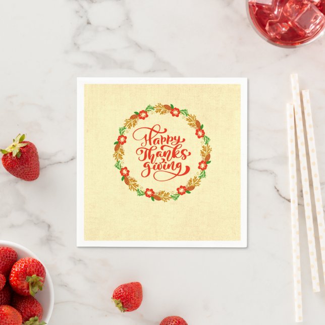 Glücklicher Tanksgiving Red Gold Wreath Cocktail Serviette (Beispiel)