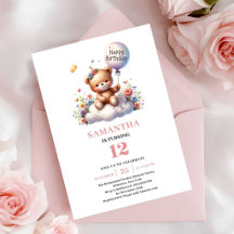 Glücklicher Teddybär Ballon Blumenmädchen Geburtst