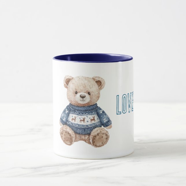 Glücklicher Teddybär Blauer Pullover Liebe Tasse (Zentrum)