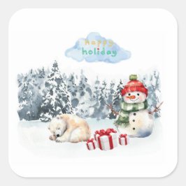GLÜCKLICHER URLAUB NIEDLICHER SNOWMAN FÜR KINDER QUADRATISCHER AUFKLEBER