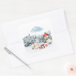 GLÜCKLICHER URLAUB NIEDLICHER SNOWMAN FÜR KINDER QUADRATISCHER AUFKLEBER