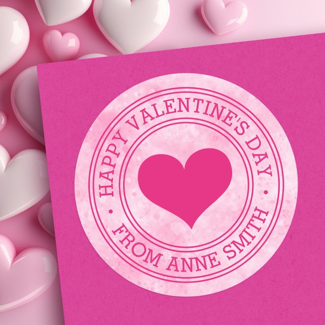 Glücklicher Valentinstag aus individuelle Name pin Runder Aufkleber (Happy Valentine's Day from custom Name pink Classic Round Sticker)