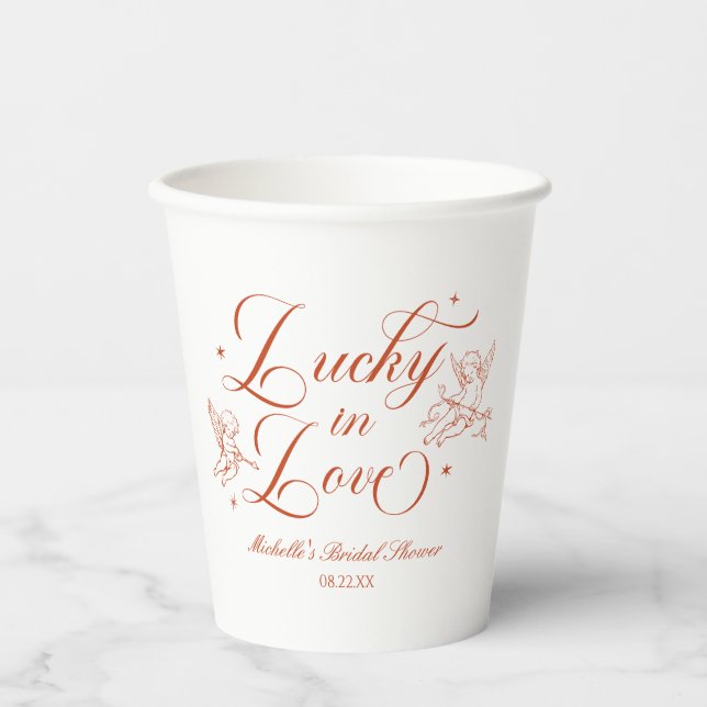 Glücklicher Vintage-Cupid-Hochzeitsdusche Pappbecher (Vorderseite)