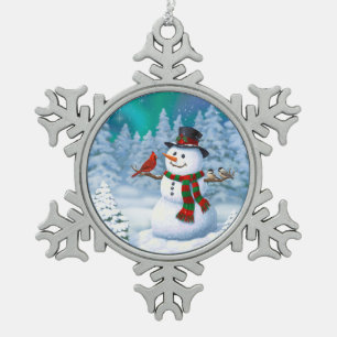 Glücklicher Weihnachts-Schneemann und Vögel Winter Schneeflocken Zinn-Ornament