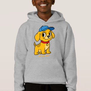 Glücklicher Welpe in blauer Mütze Hoodie