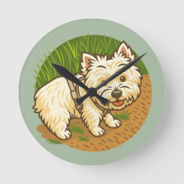 Glücklicher Westie auf dem Naturpfad Runde Wanduhr