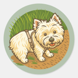 Glücklicher Westie auf dem Naturpfad Runder Aufkleber