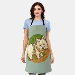 Glücklicher Westie auf dem Naturpfad Schürze