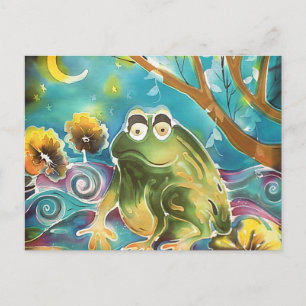 Glücklicher Whimsical Frosch bei Nacht Seidenmaler Postkarte