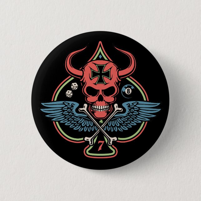 Glücklicher Winged maltesischer Teufel-Schädel der Button (Vorderseite)